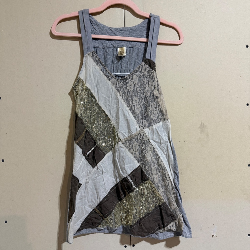 BKE Y2K Mixed Media Patchwork Tank Top Lace Sequin Boho Fairy Whimsigoth Small